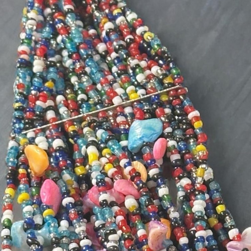 Multi-strand Shells & Seed Beads Multicolored Bib Necklace Layered Bright Pastel - Picture 5 of 15